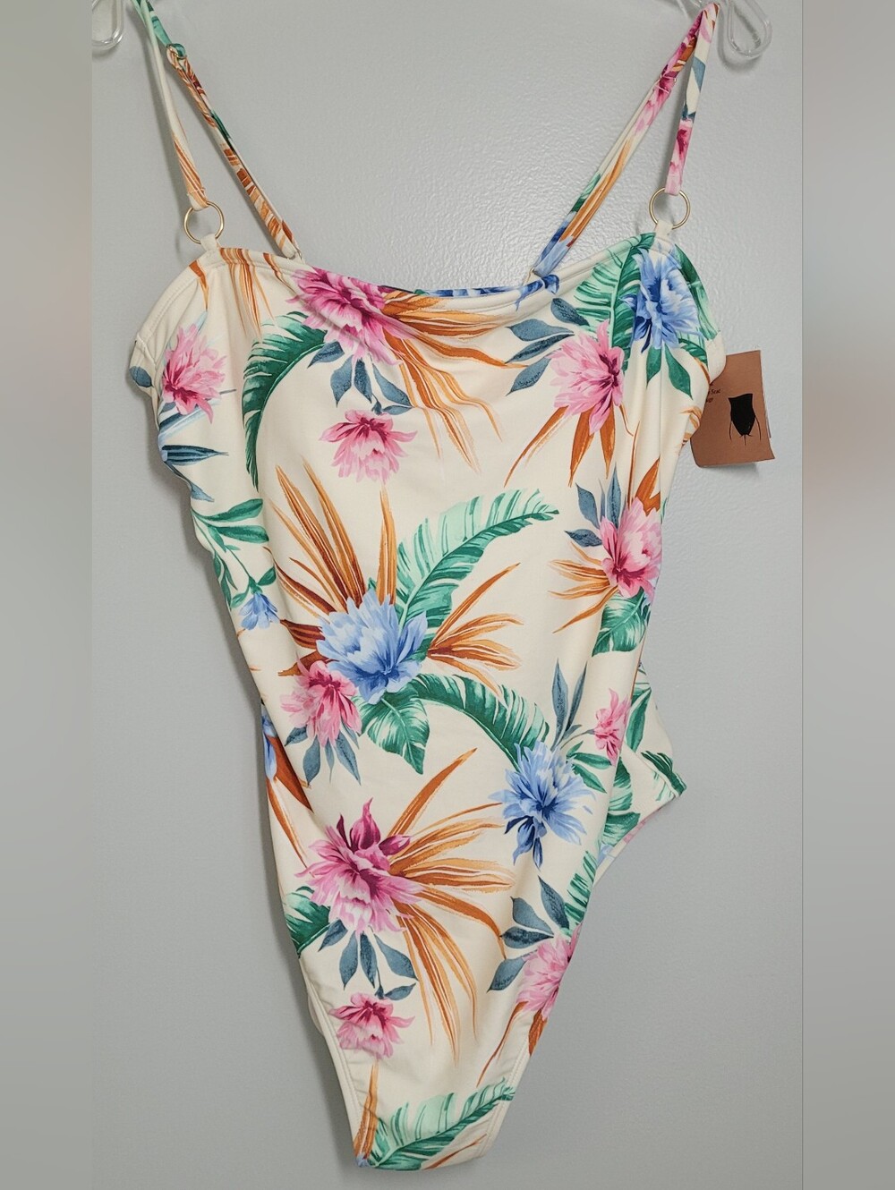 Tropical One-Piece Swimsuit in Cream with Multicolor Blooms XL (16) NWT